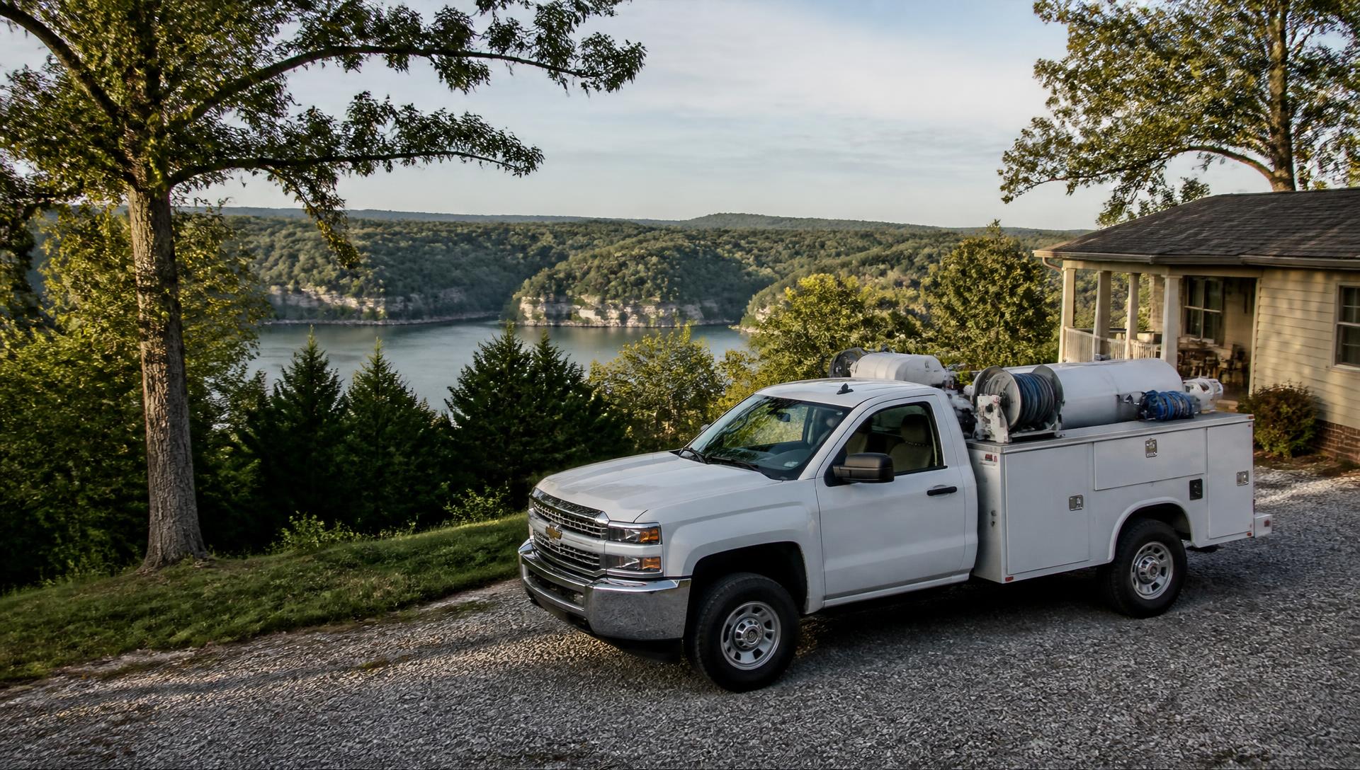 Plumbing service truck parked at a lake house overlooking Lake Cumberland in south central Kentucky