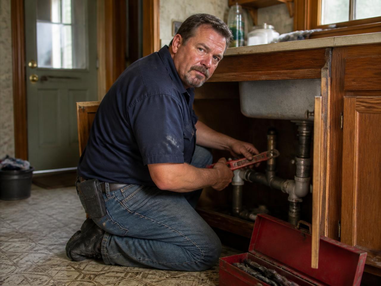 Local plumber repairing a sink drain under the counter of an older Kentucky farmhouse